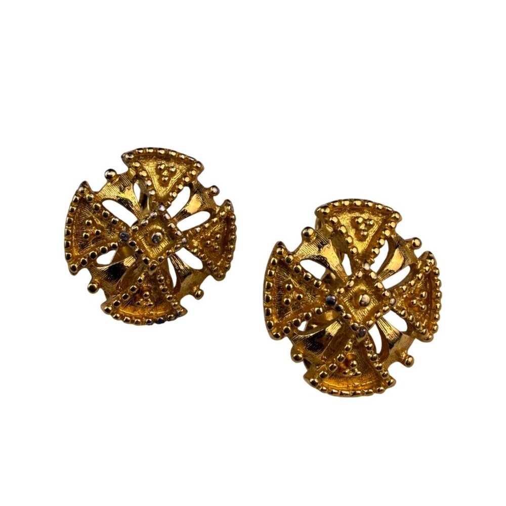 Monet Women Gold Tone Metal Vintage Clip-On Earrings Round Art Deco Design